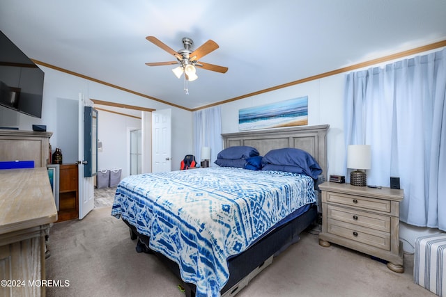 bedroom featuring crown molding, light carpet, vaulted ceiling, and ceiling fan