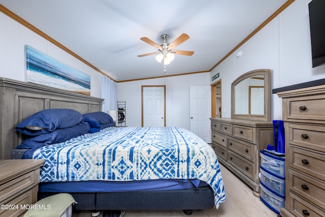 bedroom featuring ornamental molding, vaulted ceiling, light carpet, and ceiling fan