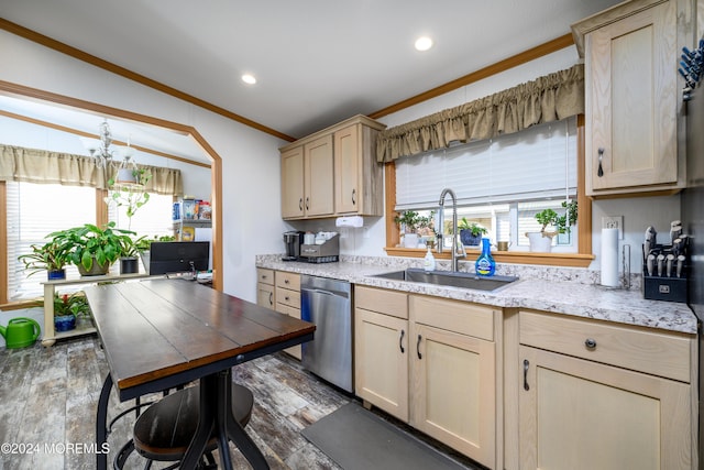 kitchen with dishwasher, ornamental molding, a sink, light brown cabinetry, and recessed lighting