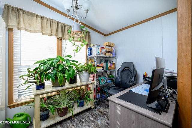 office space featuring vaulted ceiling, crown molding, wood finished floors, and a chandelier