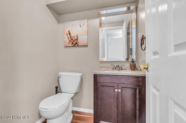 bathroom featuring toilet, vanity, and wood-type flooring