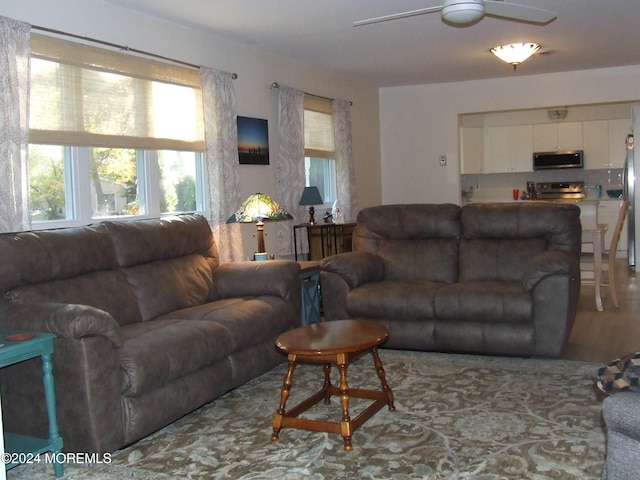 living room with ceiling fan and hardwood / wood-style floors