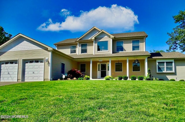 view of front of property with a garage, a front lawn, and a porch