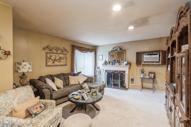 carpeted living room with a wall unit AC