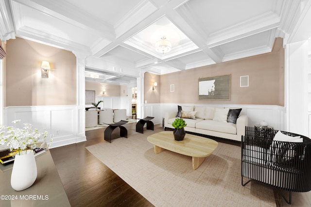 living room featuring beamed ceiling, coffered ceiling, hardwood / wood-style floors, and crown molding