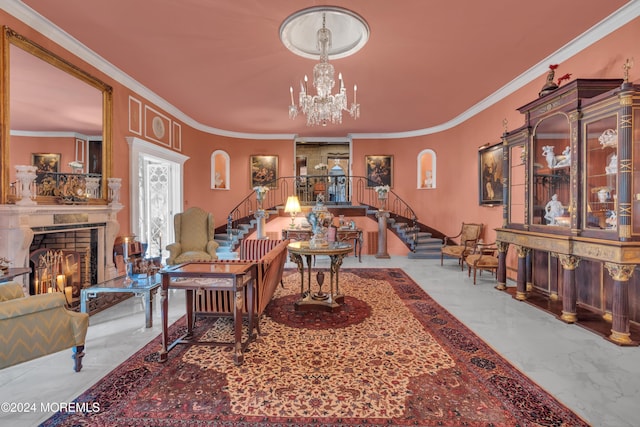 living room with an inviting chandelier and ornamental molding