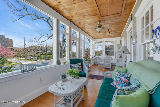 sunroom with ceiling fan, plenty of natural light, and wood ceiling