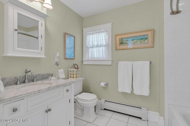 full bathroom featuring a baseboard heating unit, toilet, tile patterned floors, vanity, and bathing tub / shower combination