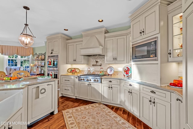 kitchen featuring stainless steel appliances, custom exhaust hood, decorative light fixtures, backsplash, and dark wood-type flooring