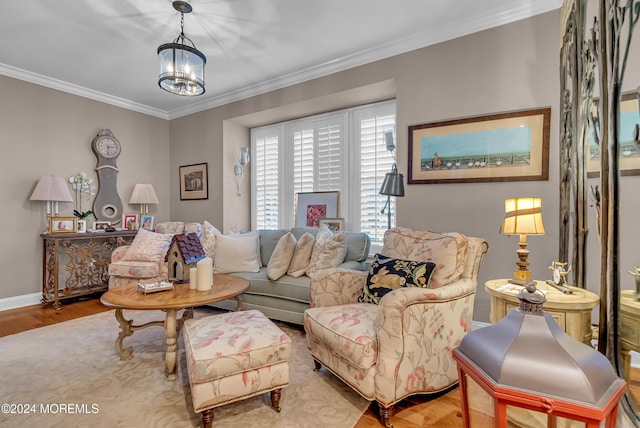 25 Bruns Rd, West Allenhurst, NJ 07711 - living room with wood finished floors, crown molding, a chandelier, and baseboards