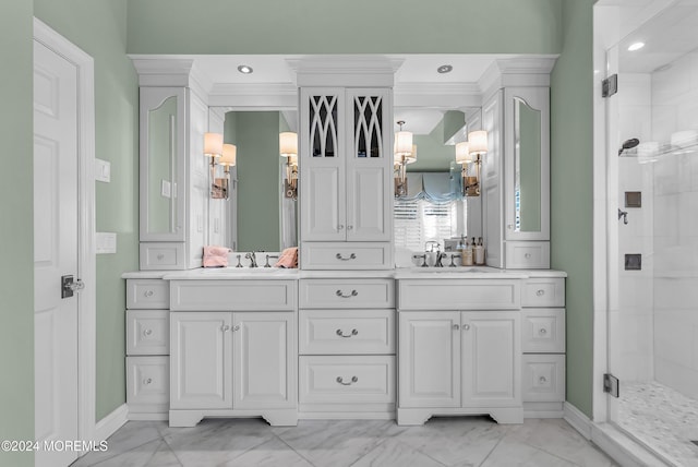 25 Bruns Rd, West Allenhurst, NJ 07711 - full bathroom featuring a stall shower, double vanity, baseboards, ornamental molding, and marble look tiles