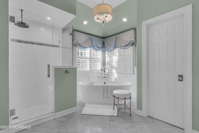 25 Bruns Rd, West Allenhurst, NJ 07711 - full bath featuring a stall shower, marble finish flooring, baseboards, a soaking tub, and recessed lighting
