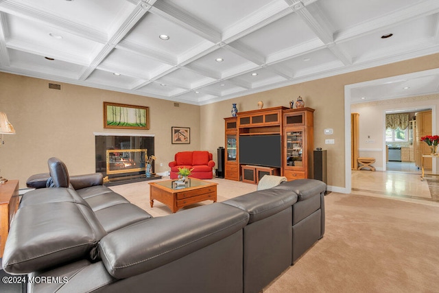 carpeted living room featuring beamed ceiling, crown molding, and coffered ceiling