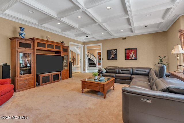 carpeted living room with beamed ceiling, ornamental molding, and coffered ceiling