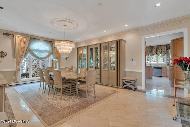 tiled dining area with a chandelier and baseboard heating