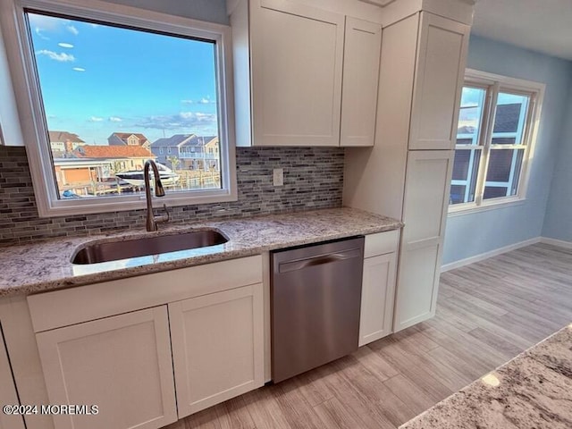 kitchen with a healthy amount of sunlight, stainless steel dishwasher, and backsplash