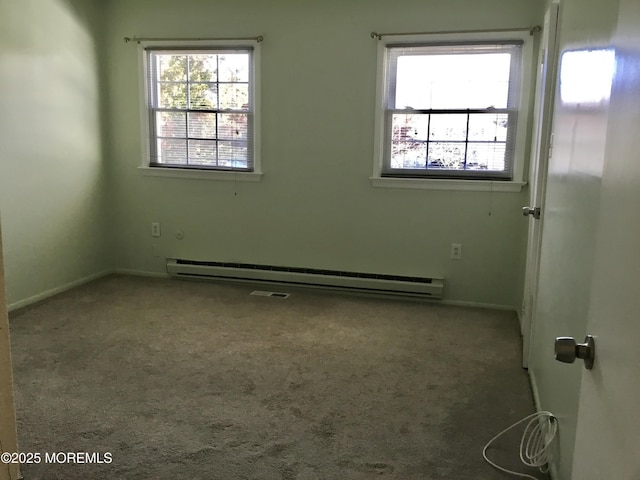 carpeted empty room featuring a baseboard radiator