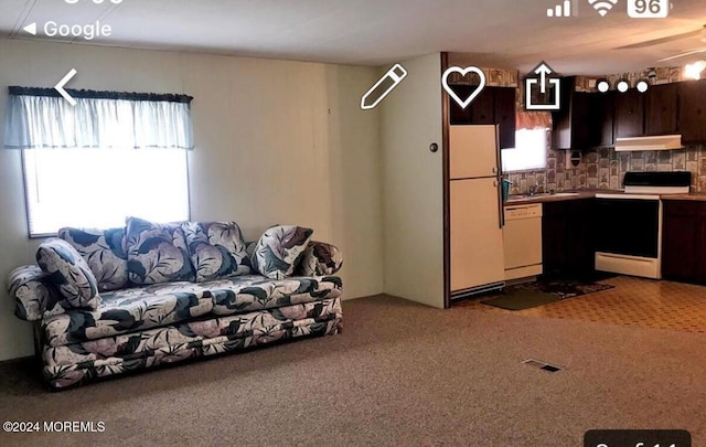 carpeted living room featuring plenty of natural light and sink