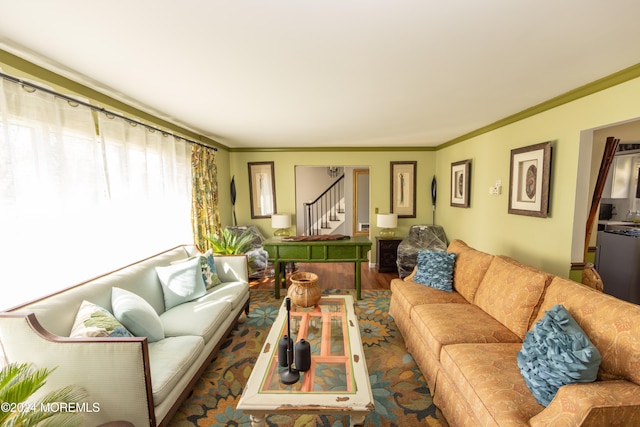 living room featuring hardwood / wood-style flooring and ornamental molding