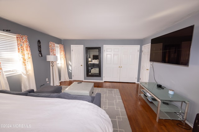 bedroom with dark hardwood / wood-style flooring and two closets