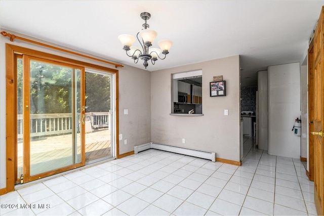 unfurnished dining area with a notable chandelier, light tile patterned flooring, and a baseboard heating unit