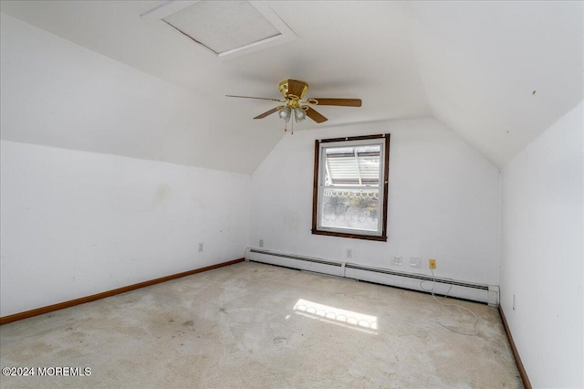 bonus room with a baseboard radiator, lofted ceiling, light carpet, and ceiling fan