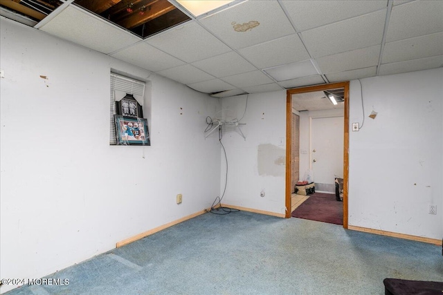 basement with a paneled ceiling and carpet