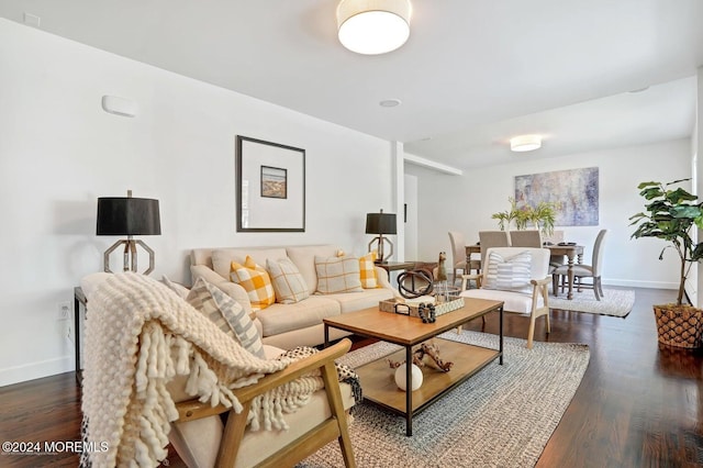 living room featuring dark wood-type flooring