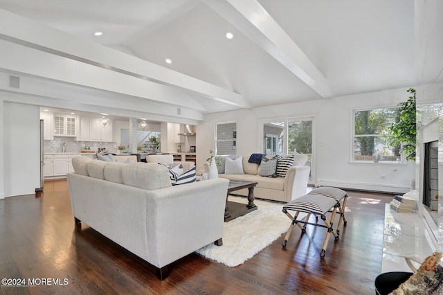 living room featuring dark hardwood / wood-style flooring, baseboard heating, and lofted ceiling with beams