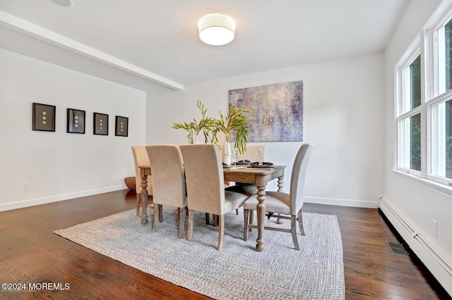 dining space with baseboard heating and dark wood-type flooring