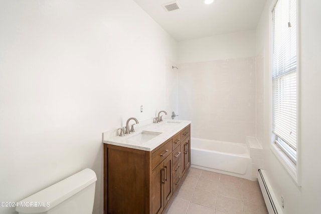 bathroom featuring toilet, tile patterned floors, vanity, and baseboard heating