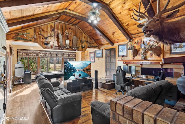 living room featuring vaulted ceiling with beams, ceiling fan, hardwood / wood-style floors, and wood ceiling