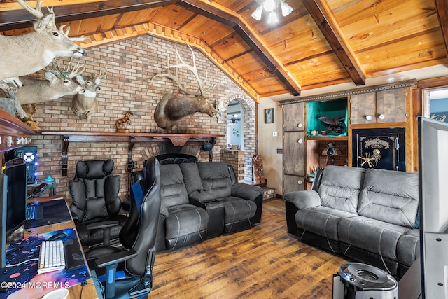 living room featuring lofted ceiling with beams, wood-type flooring, brick wall, and wooden ceiling