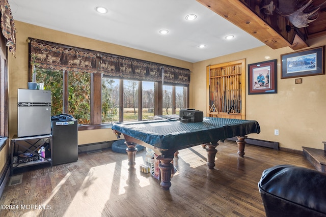 recreation room featuring hardwood / wood-style flooring, beamed ceiling, and pool table