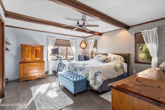 bedroom with dark hardwood / wood-style floors, ceiling fan, beam ceiling, and multiple windows