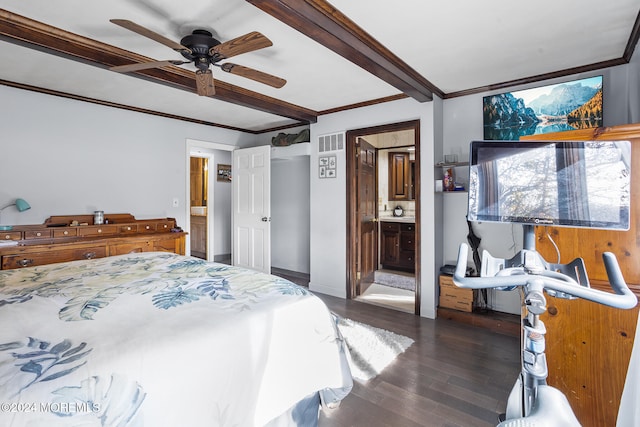 bedroom with ensuite bathroom, ceiling fan, crown molding, beam ceiling, and dark hardwood / wood-style floors