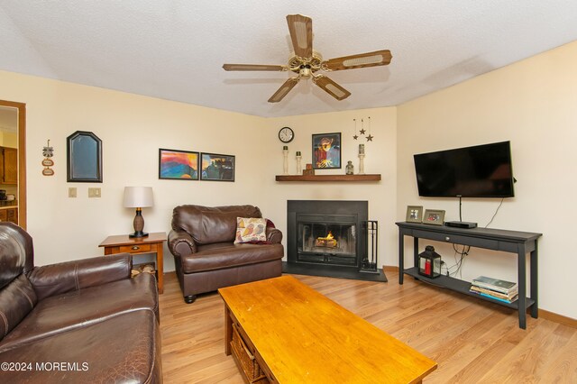 living room with wood-type flooring, ceiling fan, and a textured ceiling