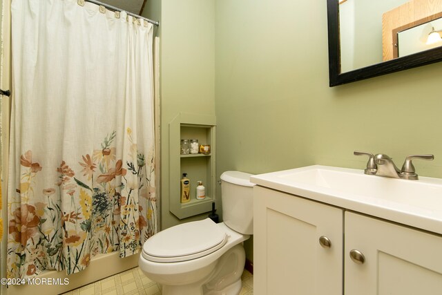 bathroom featuring toilet, vanity, and walk in shower