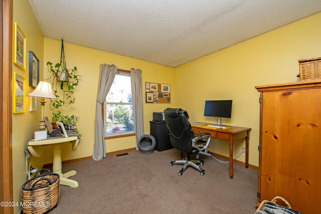 office area with light colored carpet and a textured ceiling