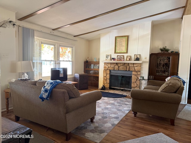 living room featuring wood-type flooring and a fireplace