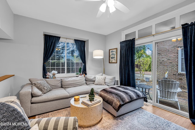 living room featuring ceiling fan and hardwood / wood-style flooring