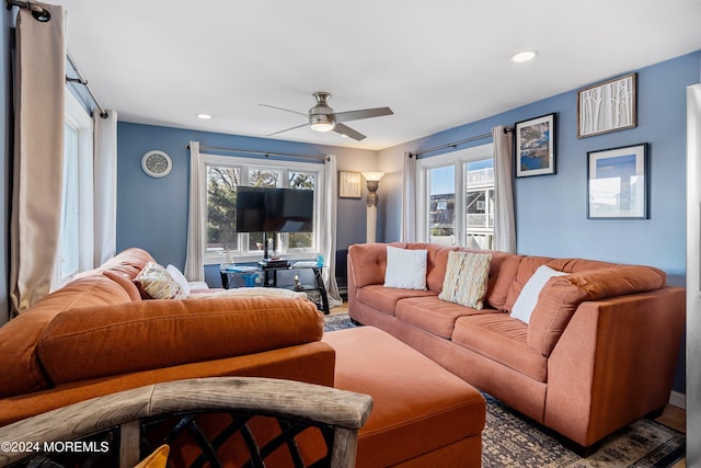 living room with ceiling fan