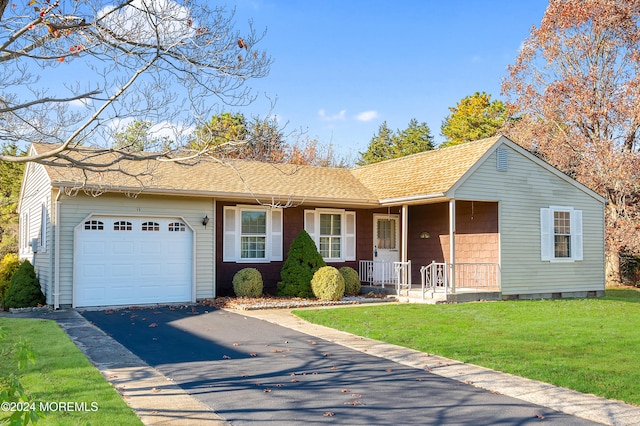 ranch-style house featuring covered porch, a garage, and a front lawn