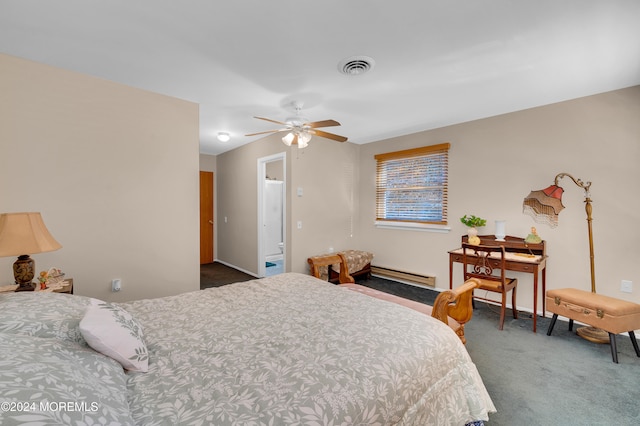 bedroom with a baseboard heating unit, ceiling fan, and dark carpet