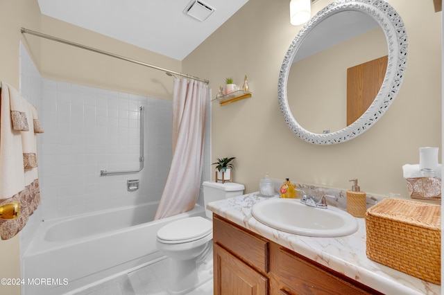 full bathroom with tile patterned flooring, shower / tub combo, vanity, lofted ceiling, and toilet