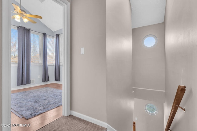 bathroom with lofted ceiling, wood-type flooring, and ceiling fan