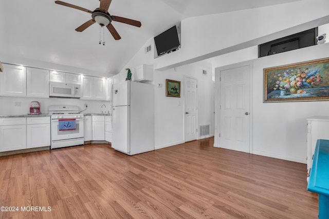 kitchen featuring white cabinetry, white appliances, and light hardwood / wood-style flooring