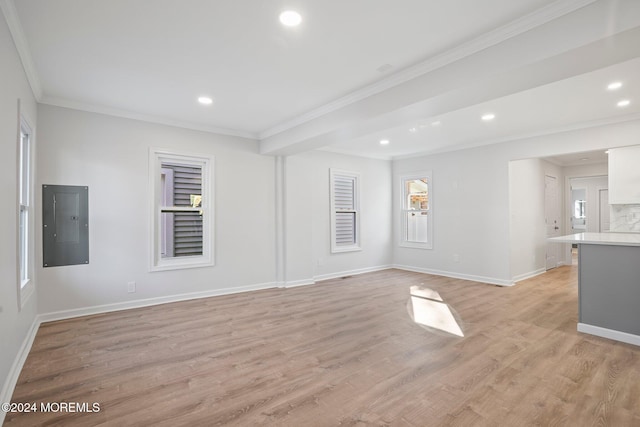 empty room featuring electric panel, light hardwood / wood-style floors, and crown molding