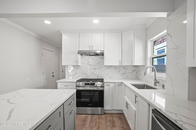 kitchen featuring light stone countertops, white cabinetry, sink, and stainless steel appliances