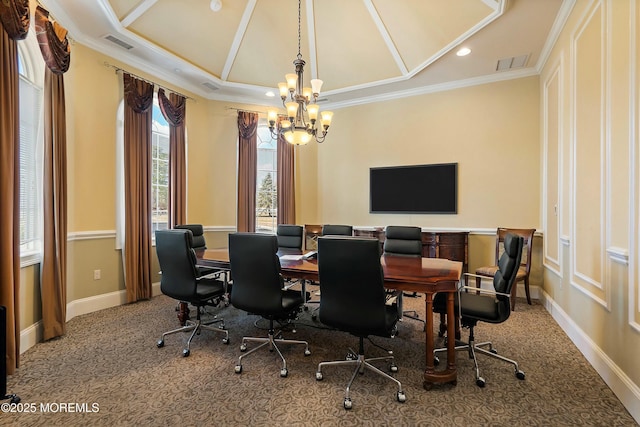 office with visible vents, carpet floors, baseboards, and ornamental molding